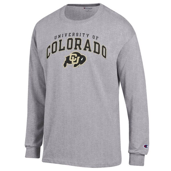 Champion long sleeve t-shirt in light gray featuring arched "University of Colorado" text and CU Buffs logo across the chest.